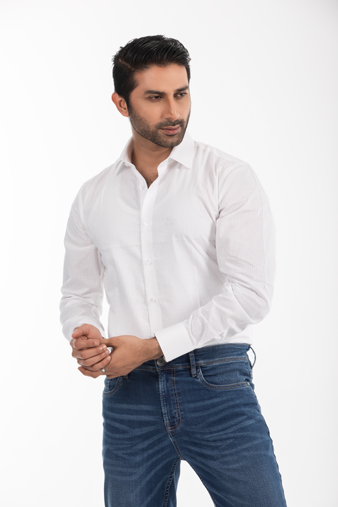 Men's Slim Fit Checks and Stripes (Patterned) White Shirt