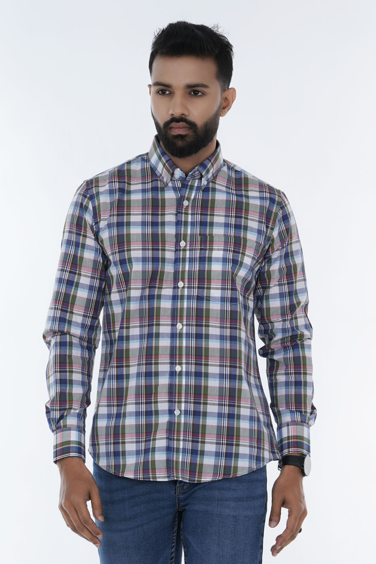 Men's Long-Sleeve Multi-Color Gingham Check Shirt